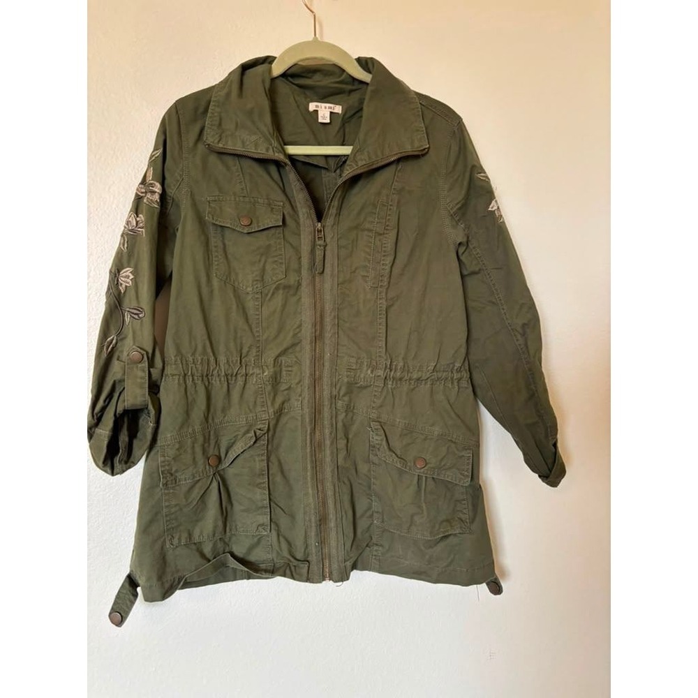 Mi Ami Womens Olive Green Floral Embroidered Cotton Utility Jacket Large 14183